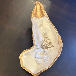 Hand painted oyster shell ornament with mother of pearl paint, gold leaf, pearl